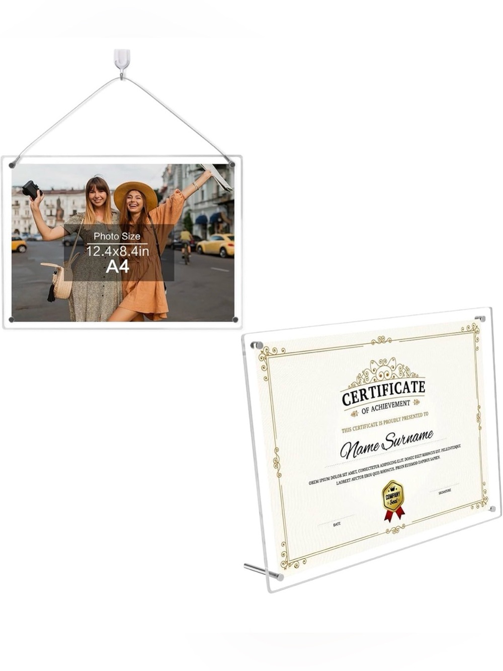 Clear Acrylic A4 Photo & Certificate Frame (White Hanger)2pk